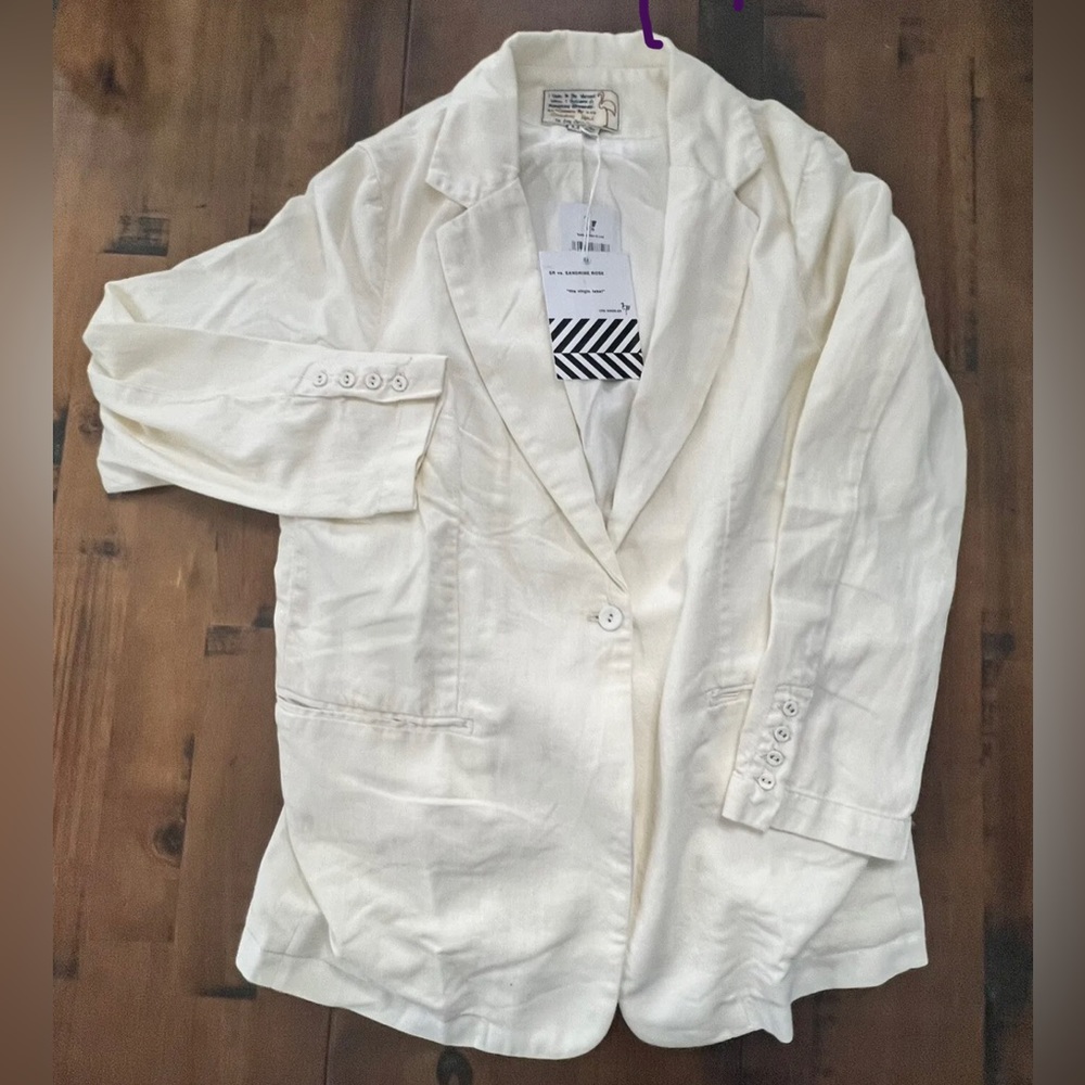 Free People x Sandrine Rose Ivory Linen Single Button w/ Belt Blazer Size M New